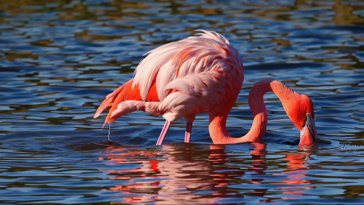 Close-up video angle of a vibrant flamingo wading in rippling water, showcasing its vivid pink