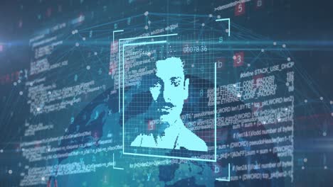 animation of user photos and data processing over globe on navy background