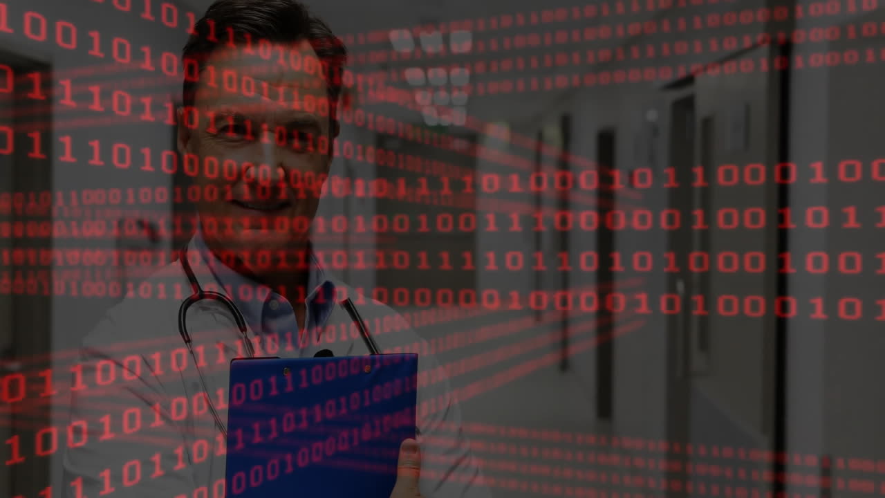 animación del procesamiento de datos sobre el médico caucásico en el hospital