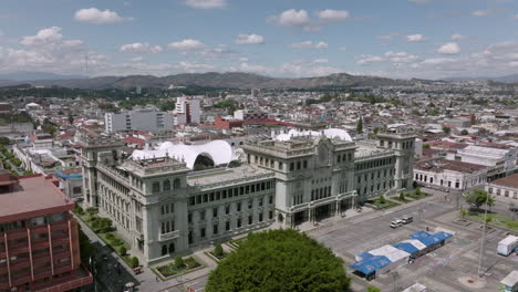 wide aerial footage of the palacio nacional de la cultura in guatemala city, guatemala