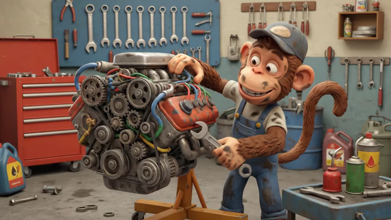 Cheerful Cartoon Monkey Mechanic Fixing a Car Engine