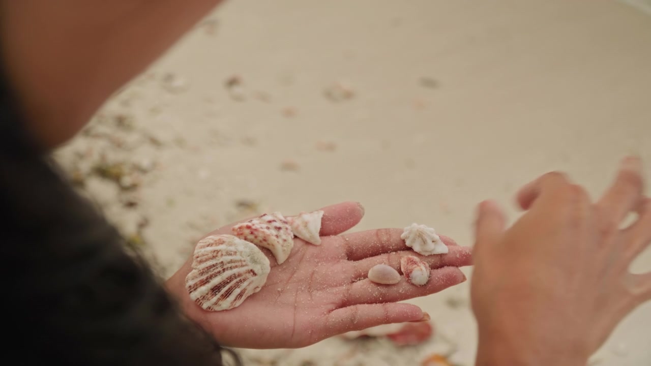Closeup hands holding shells on beach sand, fingers arranging tiny white shells and coral fragments, soft sunlight and gentle tide in background, textured grains clinging to palm, slow tactile sorting