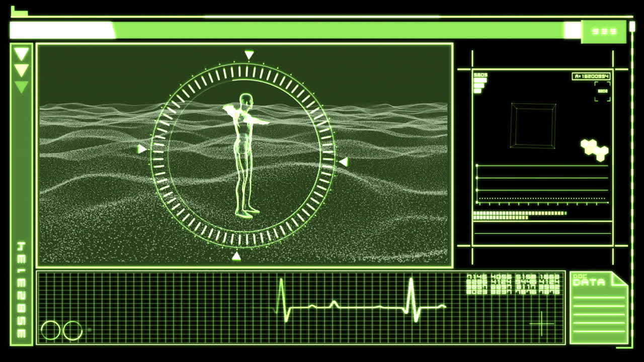 디지털 인터페이스에서 회전하는 사람의 형상을 보여줍니다.