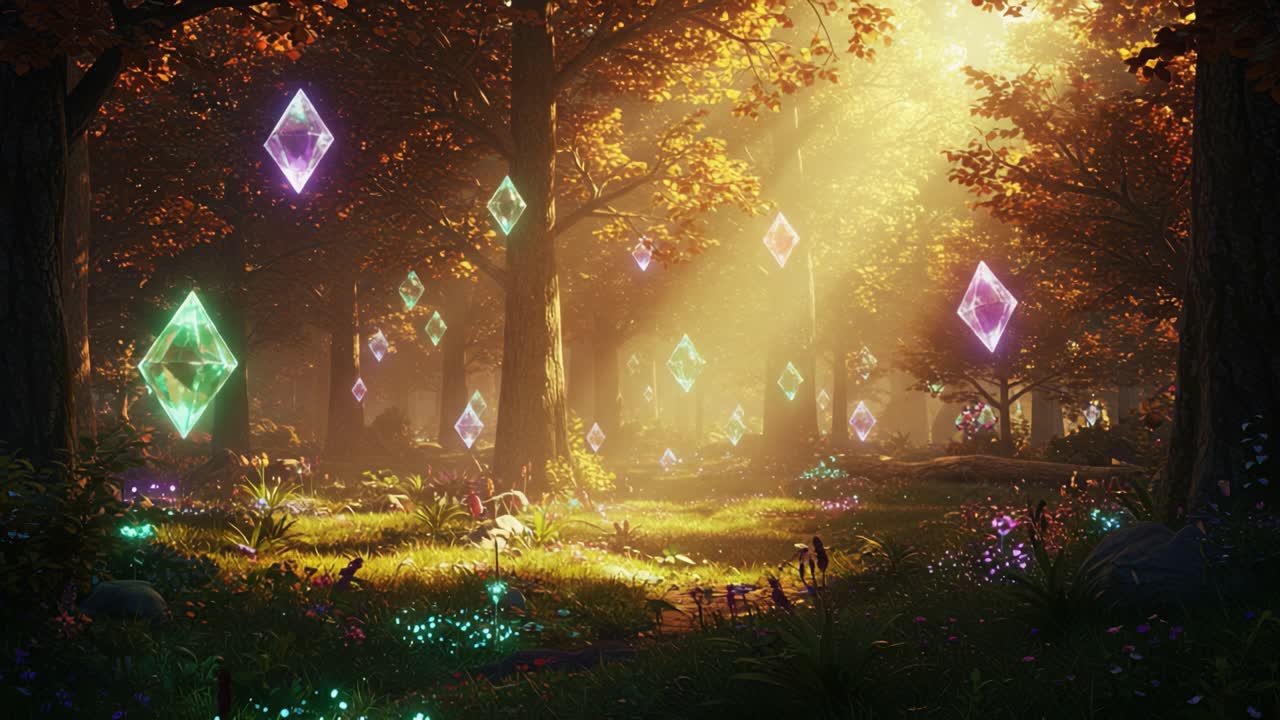 A Mystical Forest Awash with Enchantment: Captivating Crystals Shine Amidst Vibrant Flora and Soft Golden Sunlight, Creating a Dreamlike Atmosphere of Serene Beauty