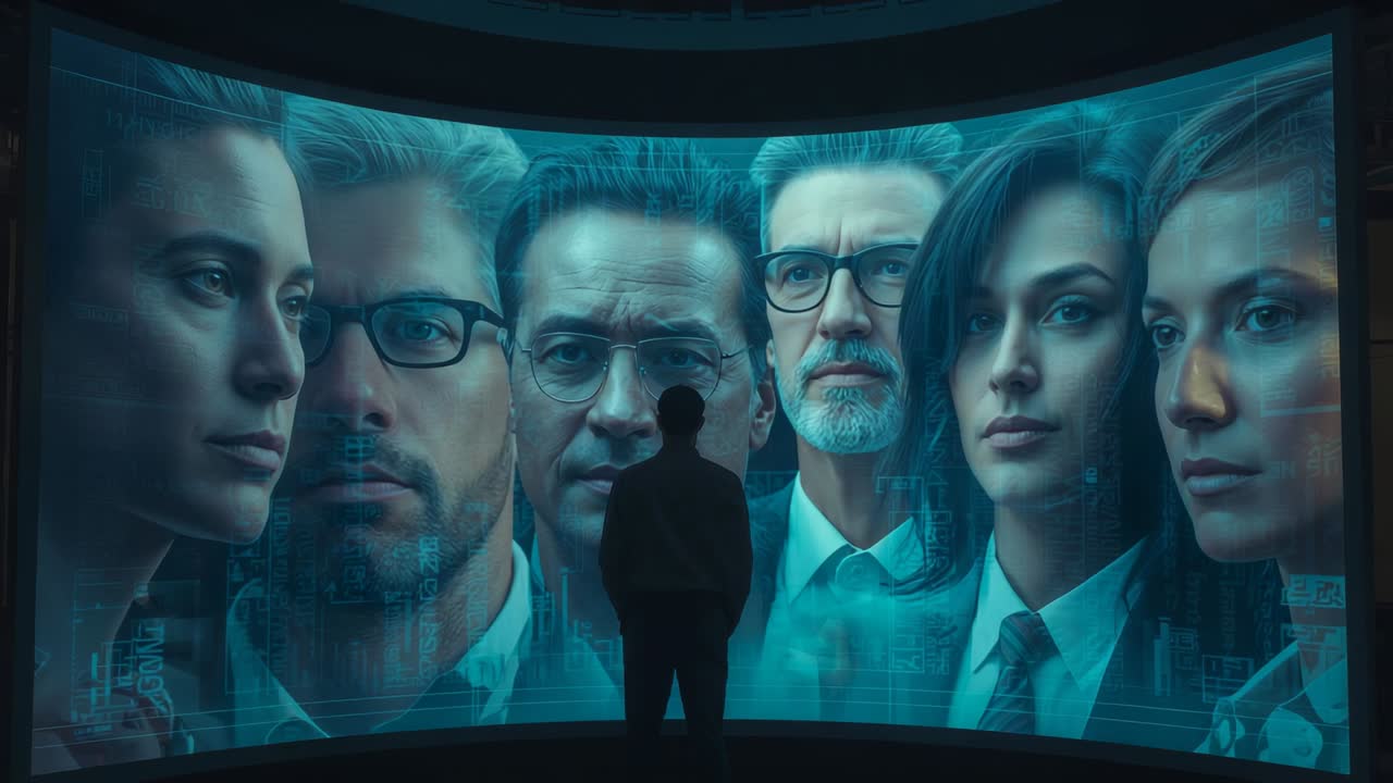 Entering command chamber, figure studying hologram projecting team faces for reviewing team data