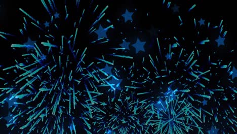 Animación-De-Iconos-De-Estrellas-Azules-Flotando-Sobre-Fuegos-Artificiales-Explotando-Contra-Fondo-Negro