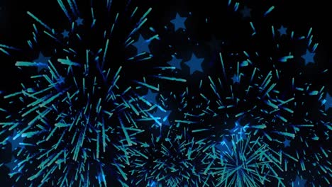 Animation of blue star icons floating over fireworks exploding against black background