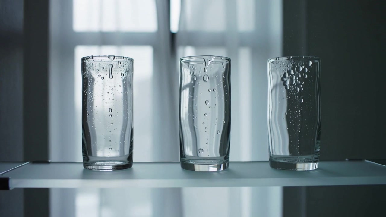 Showing three clear glasses merging inner droplets on glass shelf by sheer window, gravity pulling