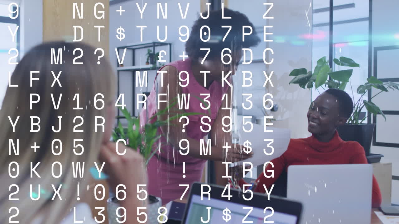 Animation of letters, numbers and data processing over diverse business people in office