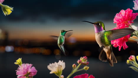 vibrant hummingbirds amidst flowers with a blurry cityscape at dusk