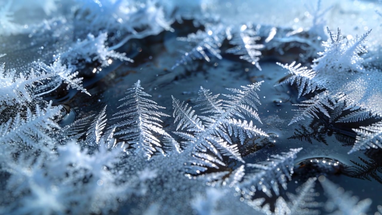 Inquadratura dinamica della telecamera che mostra cristalli di brina a forma di felce che brillano sul ghiaccio scuro, mettendo in risalto i rami.