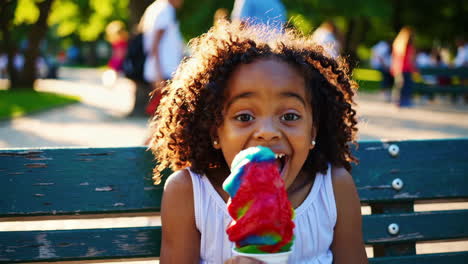 happy girl enjoying colorful shaved ice in a park