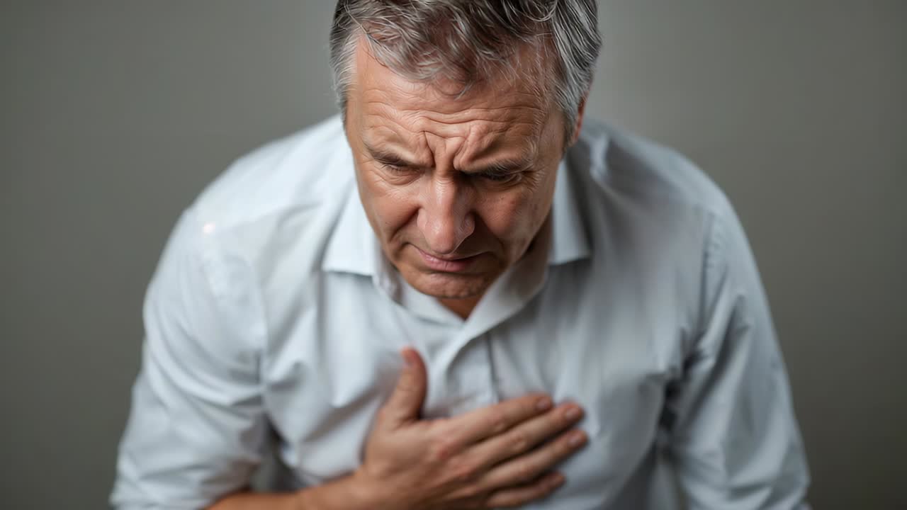Reacting to chest pain, man pressing right hand to chest, leaning forward in studio, white shirt