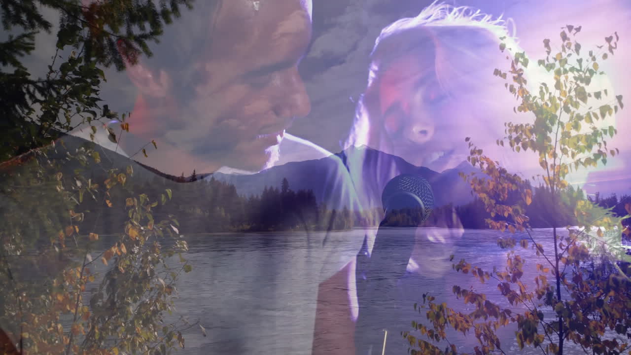 Man playing guitar and woman singing lakeside for music promo, with animated guitar and mic icons