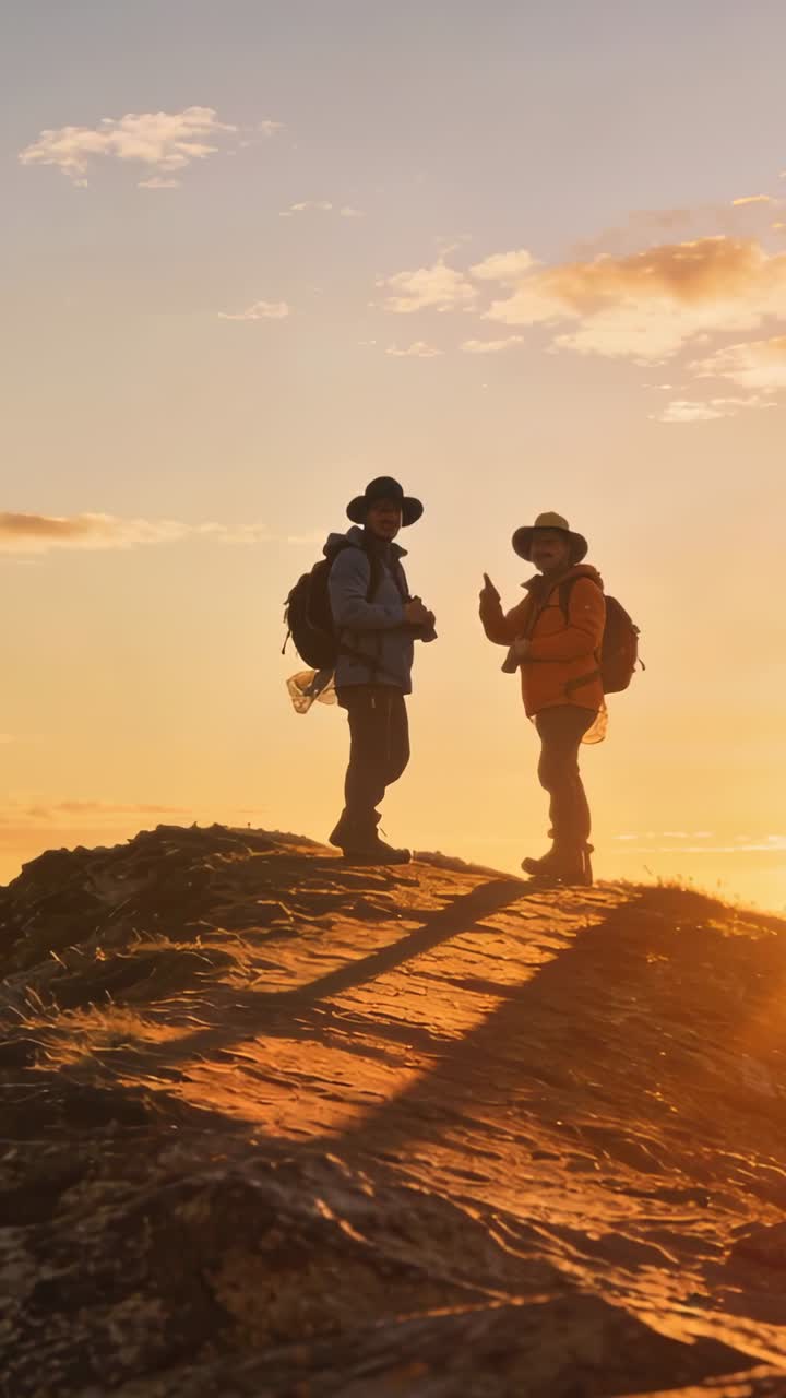 Video verticale: Due escursionisti giunti sulla cresta di una montagna si fermano, indicando il tramonto all'orizzonte, con zaini e cappelli.