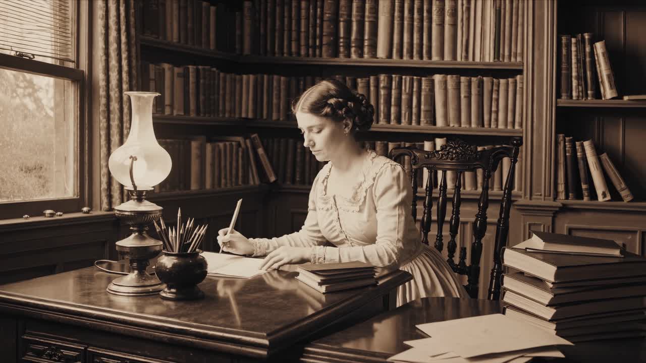 Sepia-toned video still of a woman writing at a desk in a vintage library