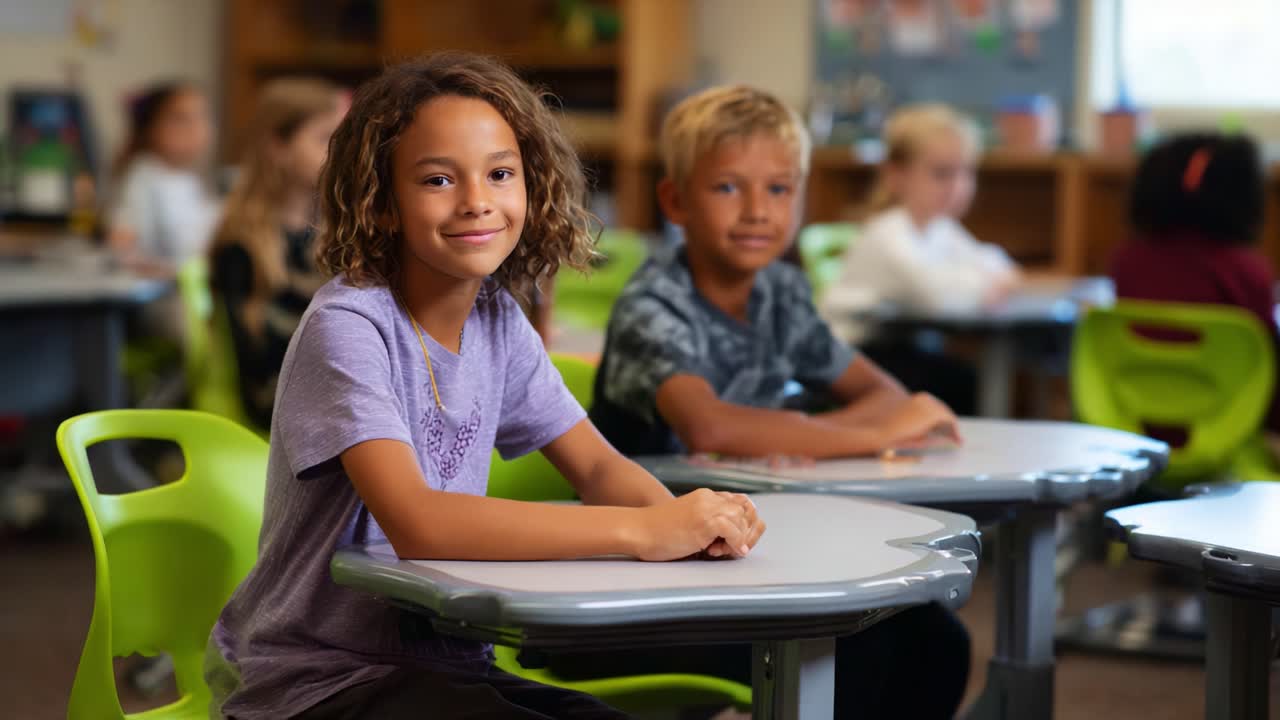 Coinvolgente scena in classe con due studenti seduti a scrivanie moderne, sorridenti e pronti a imparare, catturata in un ambiente educativo luminoso