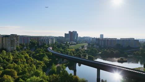 Aerial view of the Hůrka–Lužiny metro bridge in Prague, in sunny Czech Republic