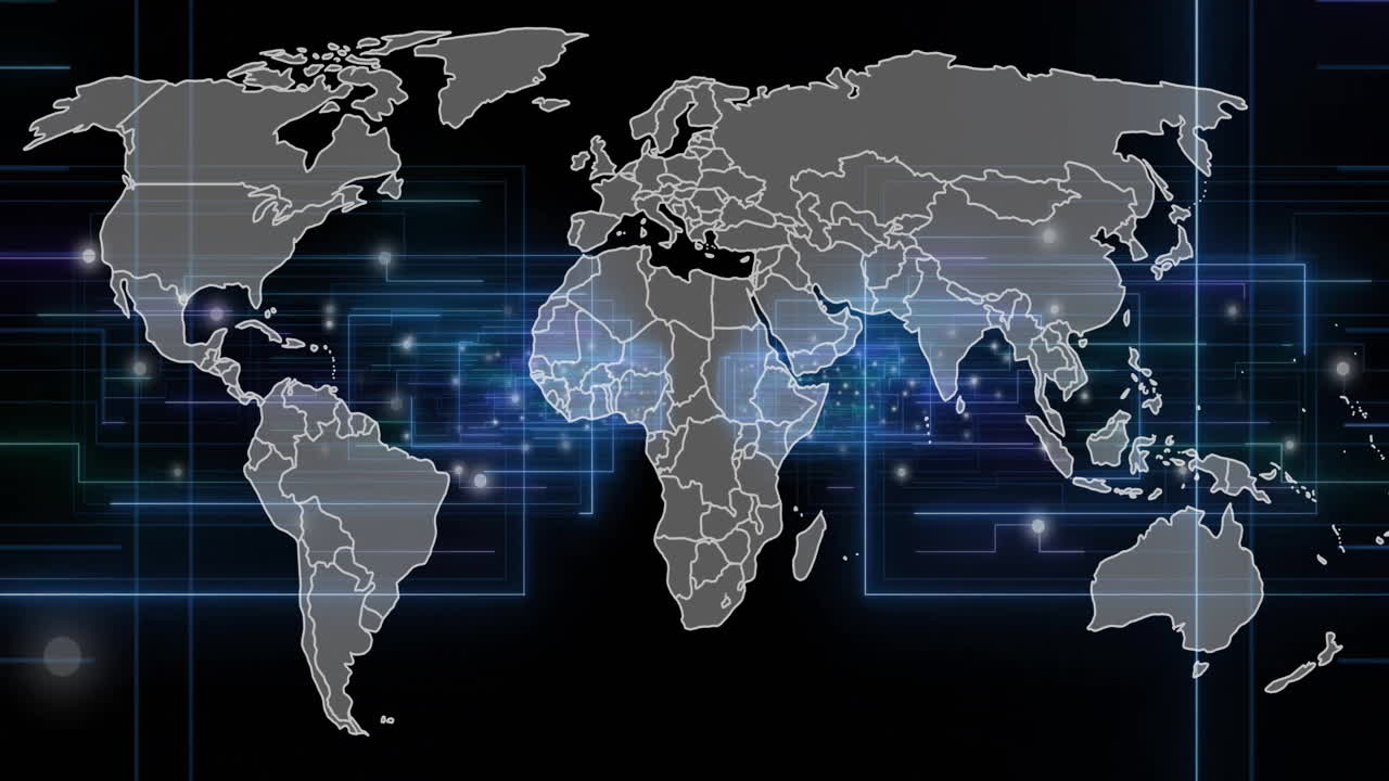 animación de procesamiento de datos digitales con mapa del mundo sobre fondo negro