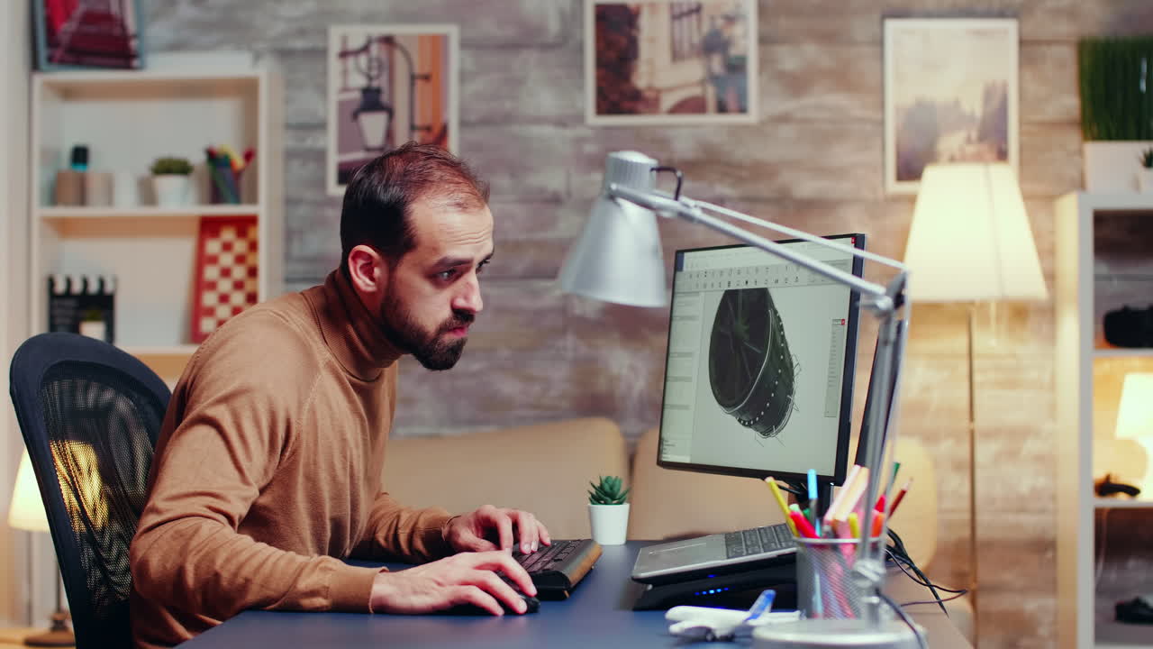 Young engineer working late at night in his home office