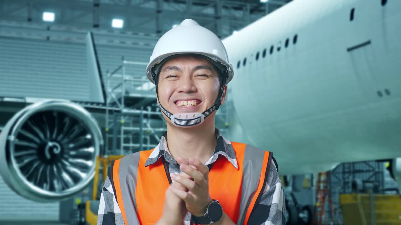 안전 헬을 입은 아시아 남성 엔지니어가 거에 있는 항공기와 함께 서서 카메라를 향해 미소 짓고 항공기 유지보수 작업을 하는 동안 손을 박고 있다.