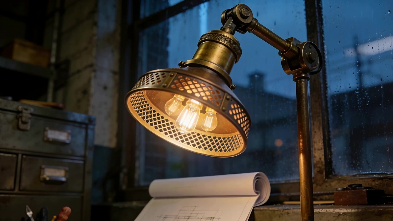 Kameraet zoomer ind og vinkler en vintage-lampe over en notesblok på arbejdsbordet, hvilket afslører glødetrådspæren
