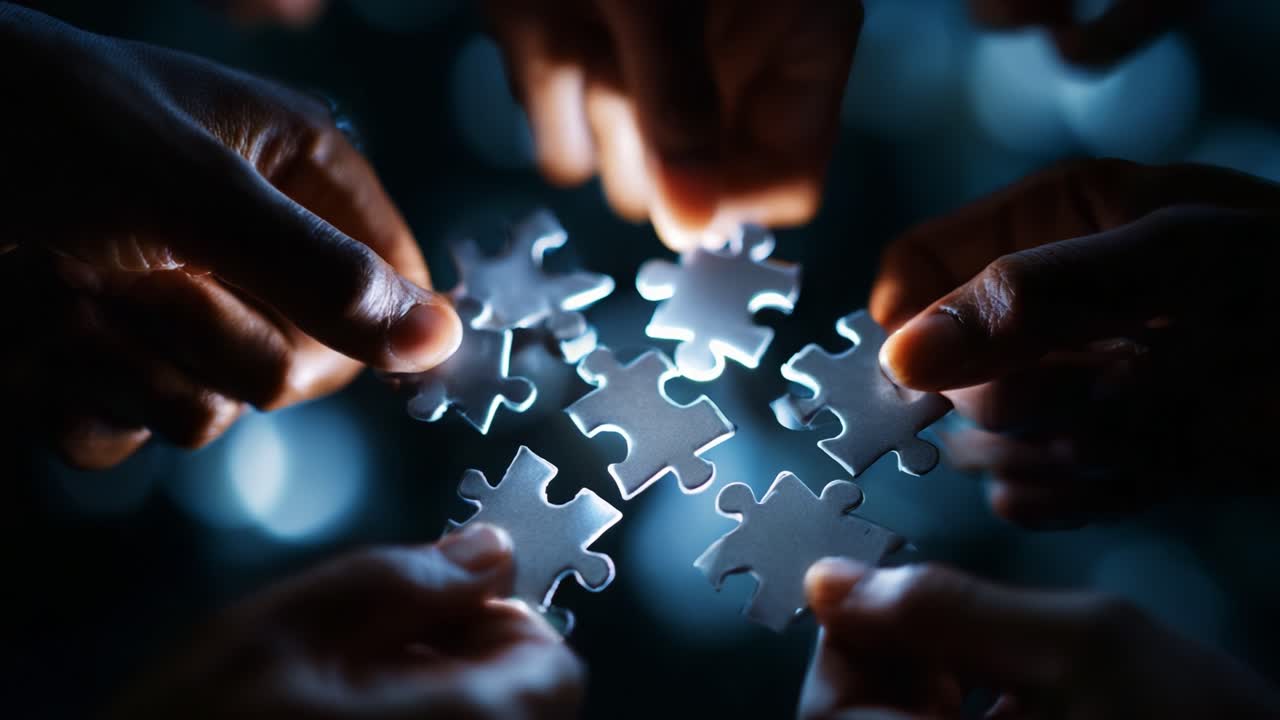 A Collaborative Effort: Hands Coming Together to Piece Together a Silver Puzzle Against a Blurred Background, Highlighting Unity and Problem-Solving Through Playful Engagement