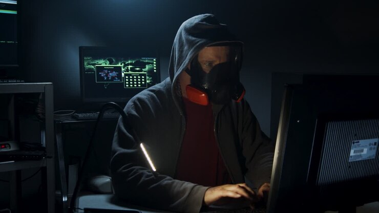 Bio-terrorista digita codice informatico indossando una maschera antigas