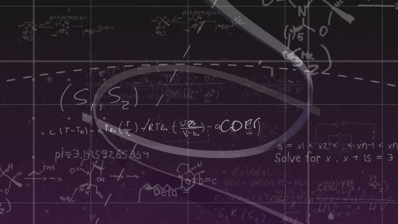 Overlaying mathematical equations and formulas on abstract purple animation background