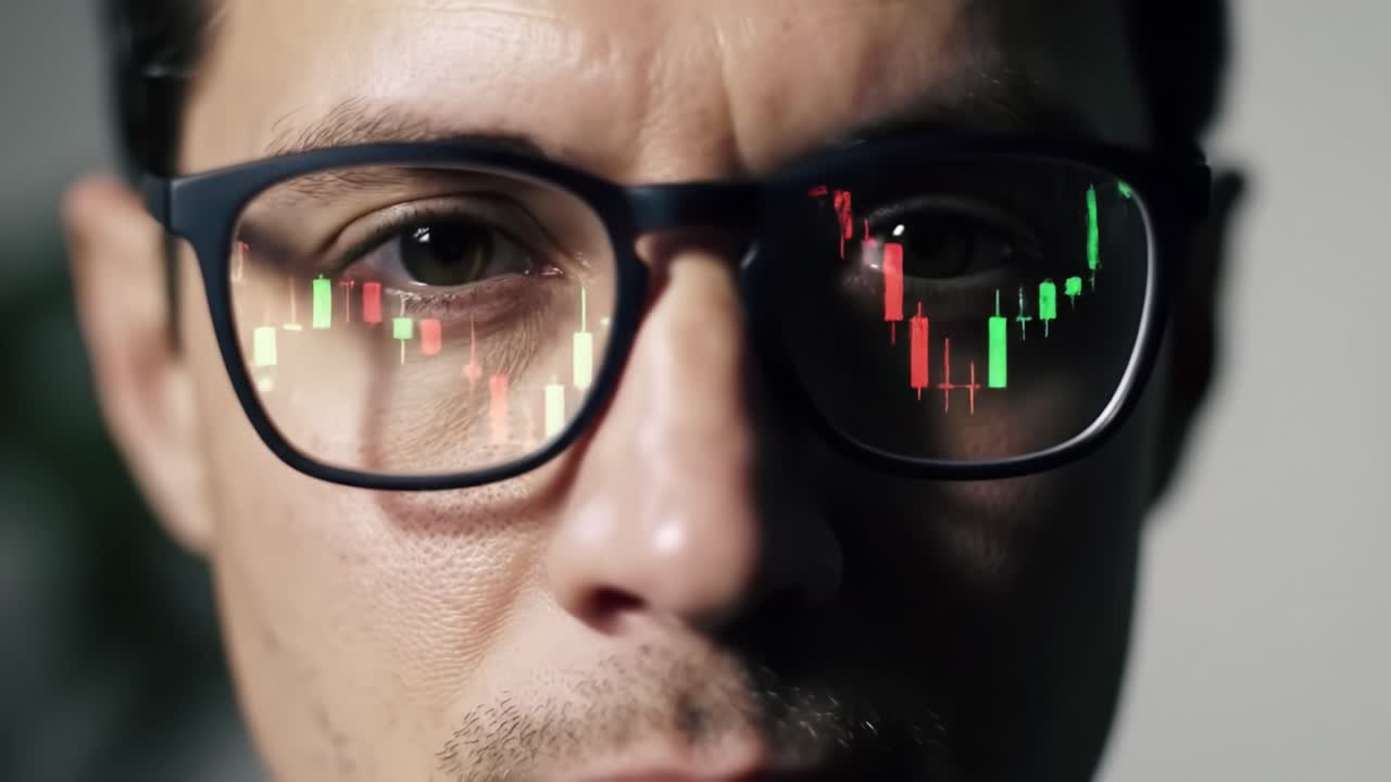 A Close-Up View of a Focused Individual Analyzing Stock Market Trends Reflected in His Glasses, Capturing the Essence of Financial Insight and Strategic Decision-Making