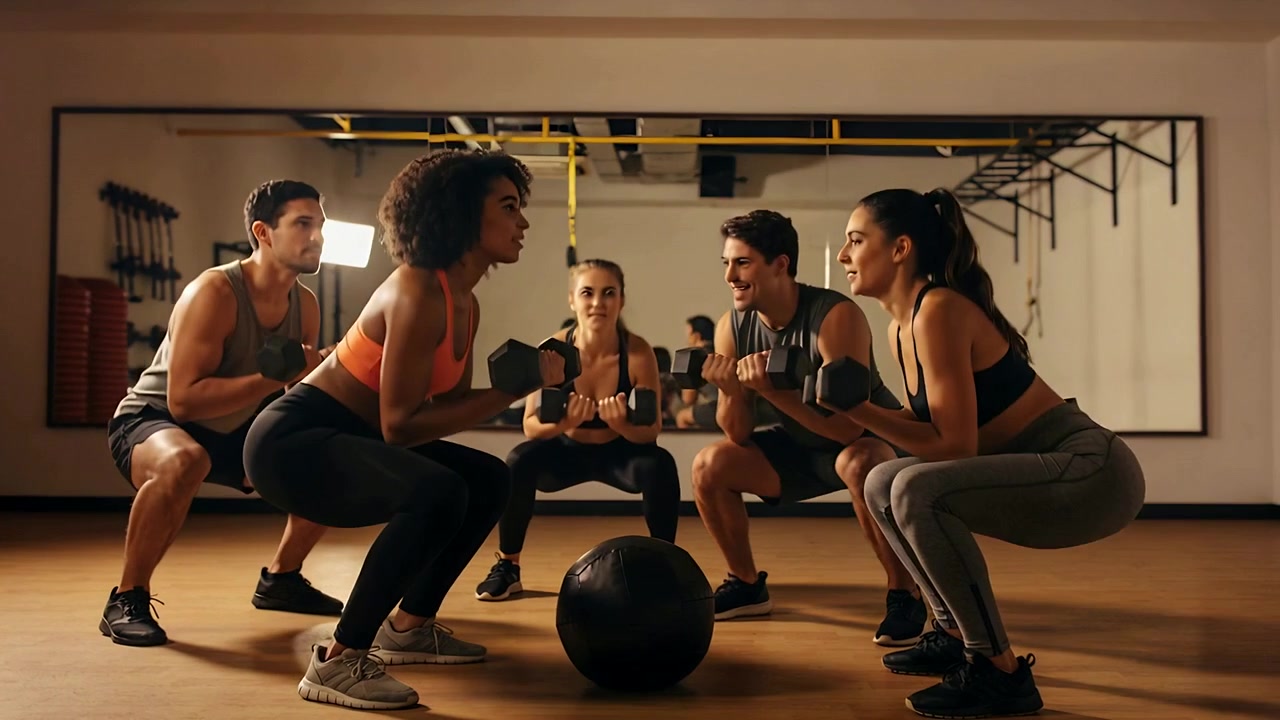 Cinque adulti in abbigliamento sportivo che fanno squat, tenendo pesi e scendendo sopra una palla medica, riflessi nello specchio della palestra.