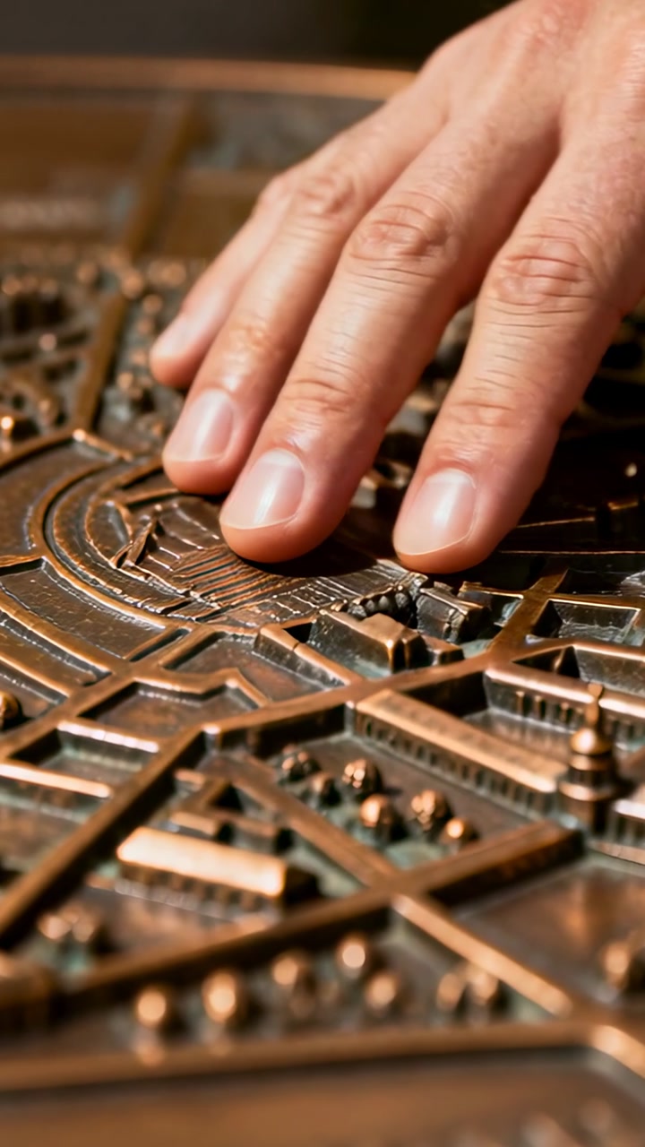 Vertical video: Tracing right hand sliding over bronze relief on table, curiosity driving touch
