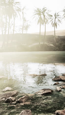 a scenic view of a desert oasis with palm trees and a reflection in the water