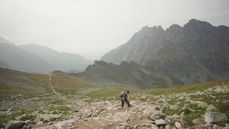 excursionista caminando por la hermosa montaña y disfrutando de la vista
