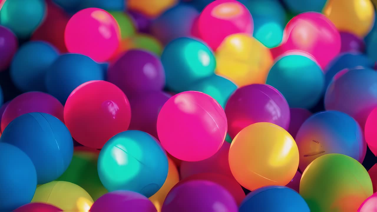 Colorful plastic balls bouncing dynamically, filling frame with vibrant energy and creating playful, joyful motion against bright background