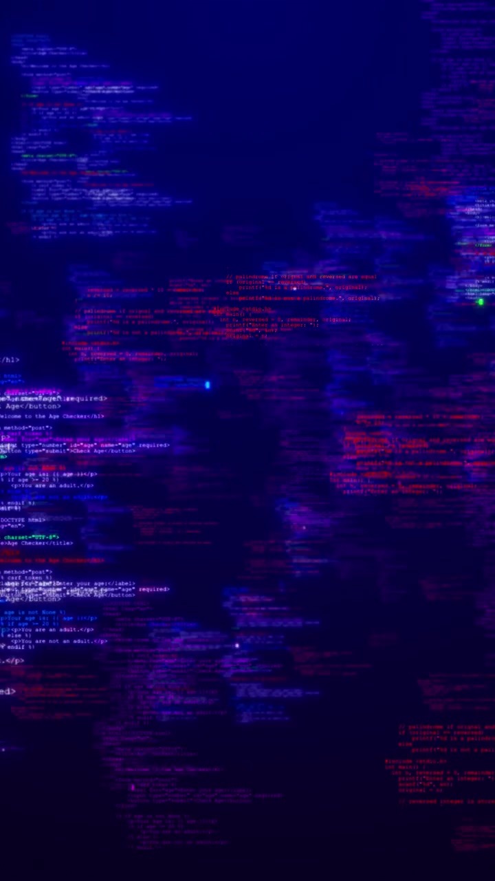Bunter Code-Matrix-Programmierhintergrund mit lila, rotem, grünem und blauem Syntaxtext auf dunklem Grund.