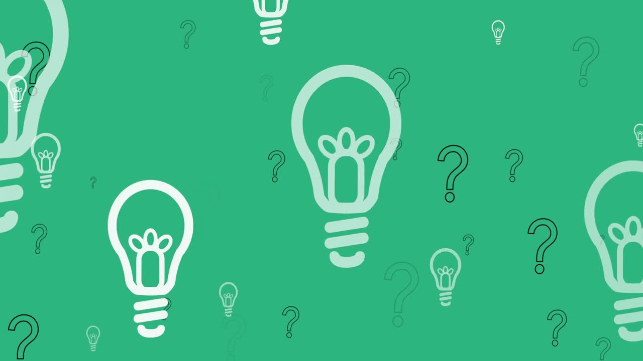 녹색 배경에 있는 질문표 위에 있는 전구 아이콘의 애니메이션