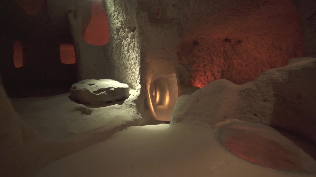Telecamera in movimento attraverso un antico tunnel sotterraneo in Cappadocia