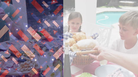 animación de pequeñas banderas de ee.uu. sobre familia caucásica comiendo en el jardín
