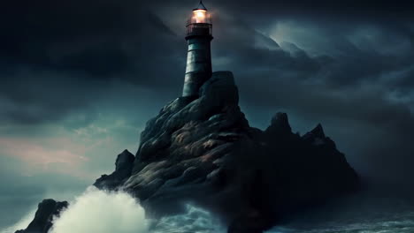 the lighthouse stands on a rock around the storm and the night