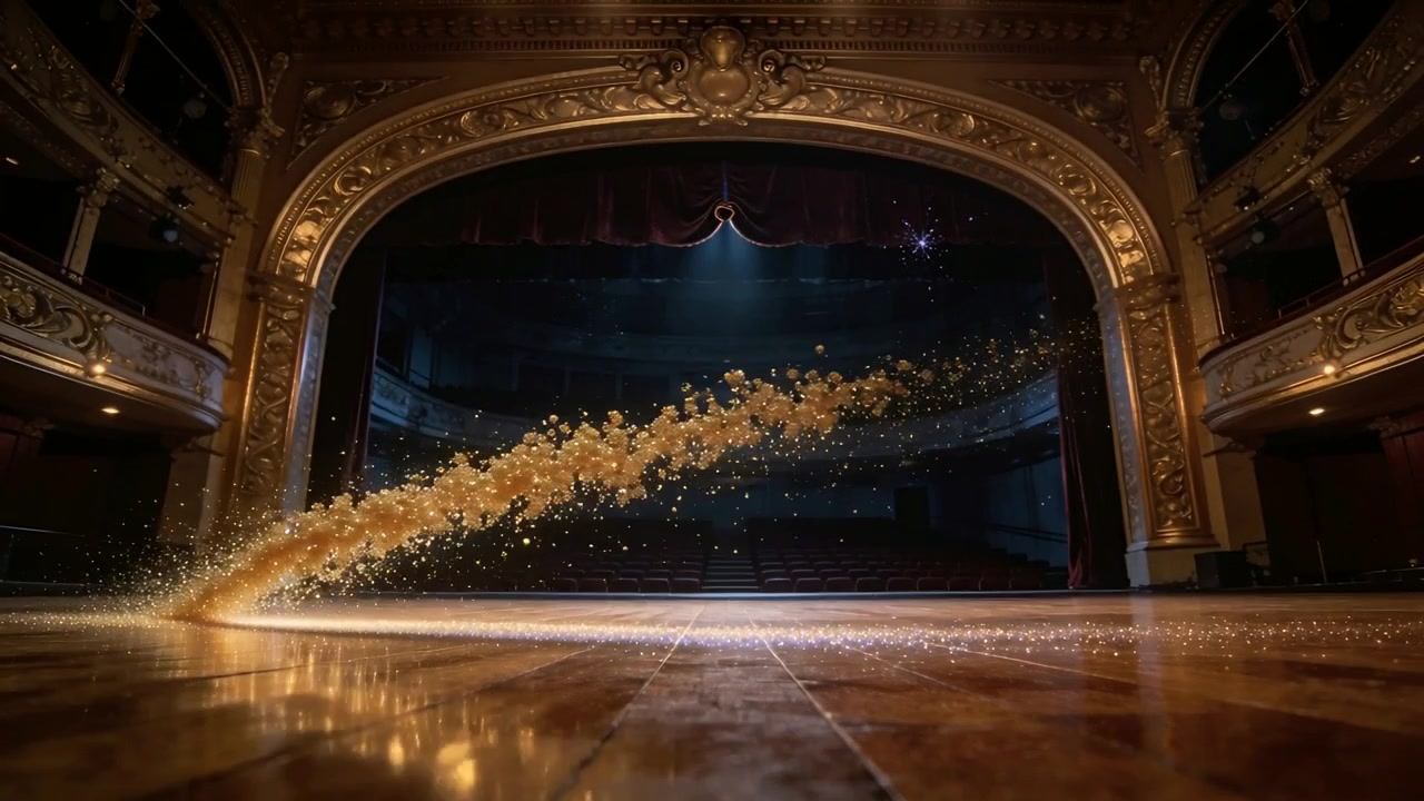 Nastro di particelle dorate che emerge dal pavimento a sinistra del palco e si sposta verso il centro, riflettendosi sotto un arco