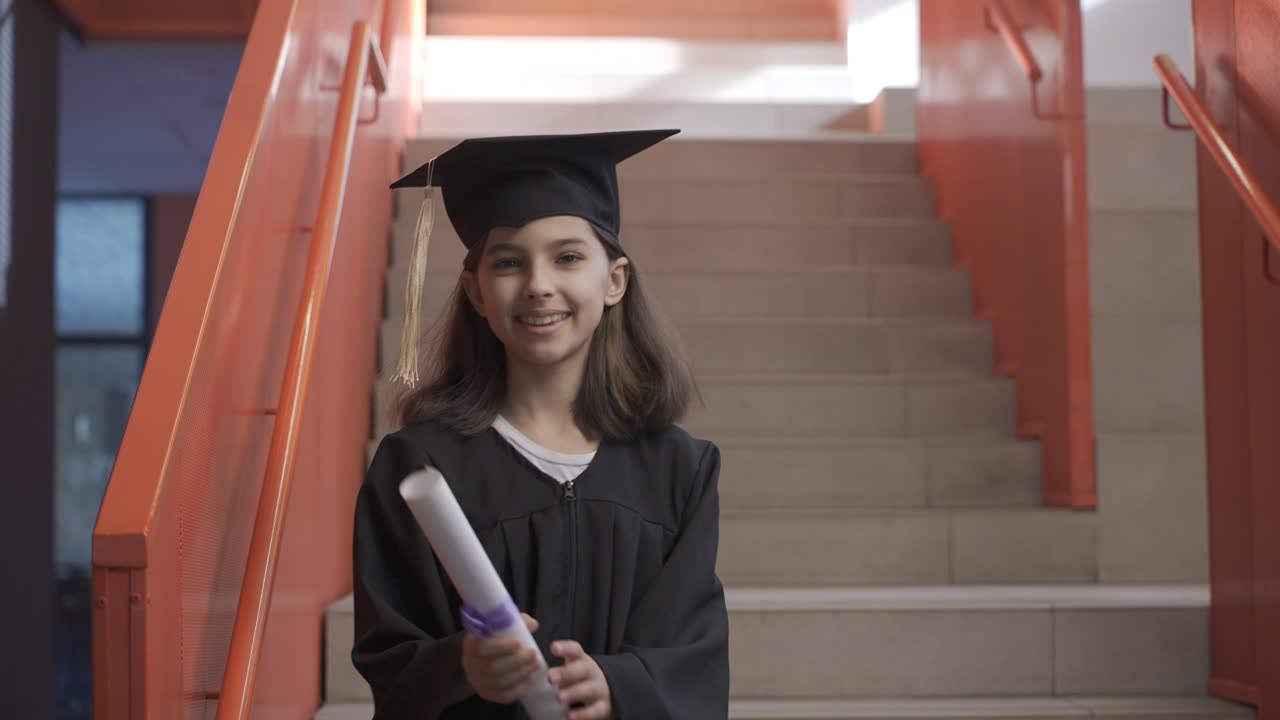 retrato de una feliz estudiante de preescolar con toga y birrete corriendo por las escaleras, sosteniendo un diploma de graduación y mirando la cámara