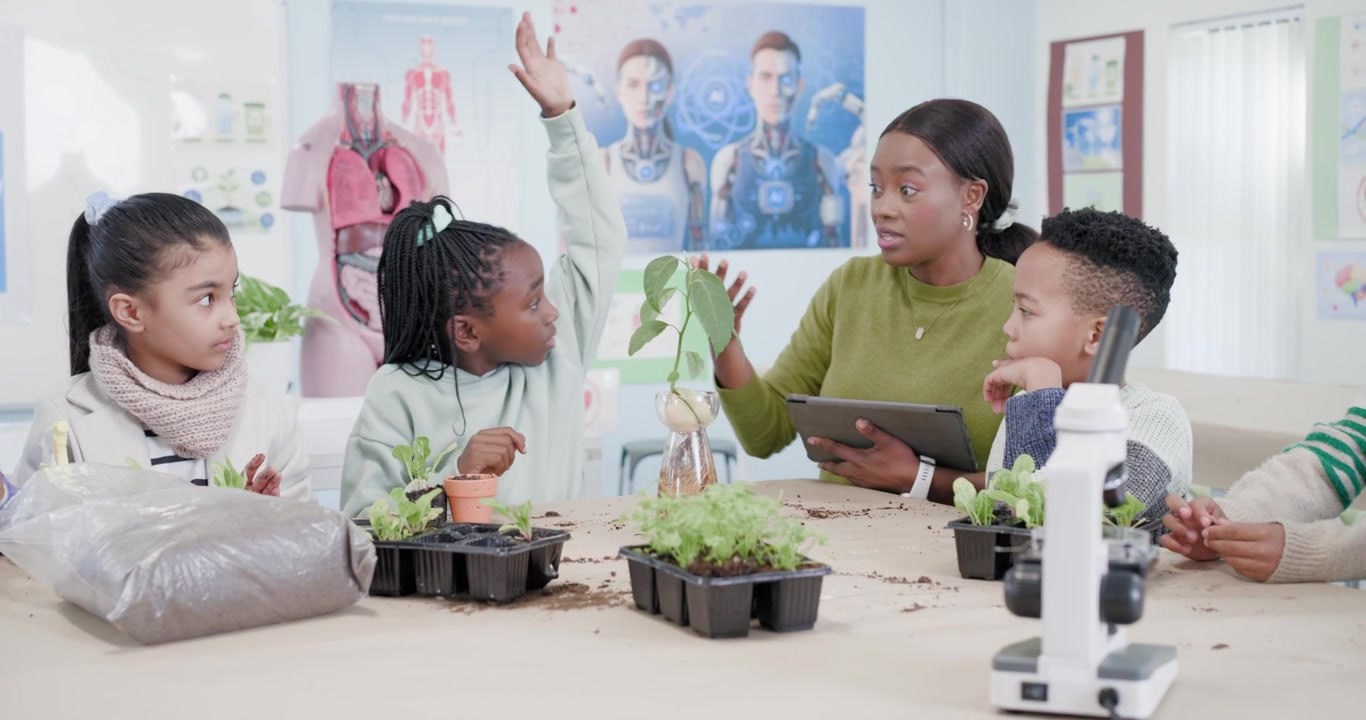 African American teacher guiding pupils in class, pointing jar sprout as pupils potting with tablet