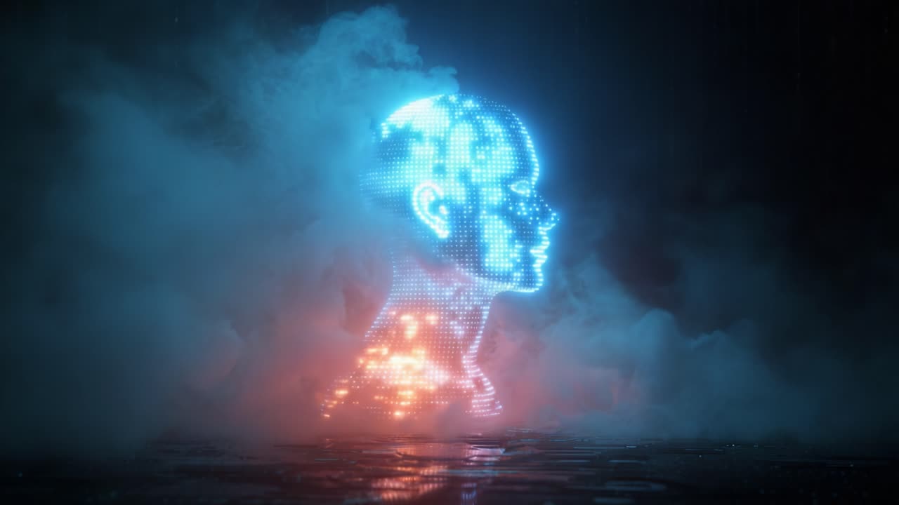 Un’accattivante rappresentazione digitale di una testa umana che emerge da vortici di nebbia e colori vivaci, che mostra una combinazione di luci blu e arancioni che creano una splendida atmosfera visiva in un contesto misterioso