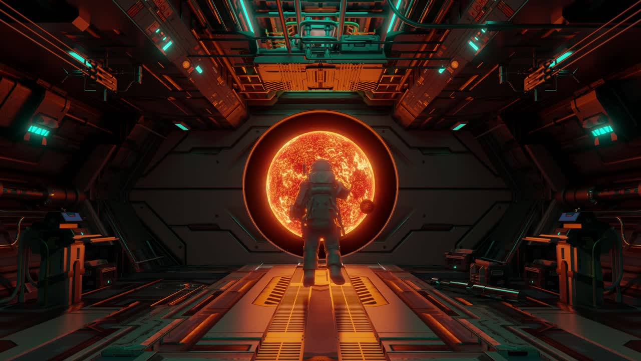 Astronaut walking towards burning sun in spaceship corridor