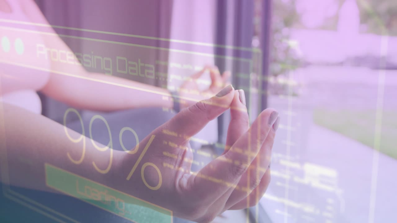 Woman meditating beside glass door interface appearing and loading data to 100% showing health tech