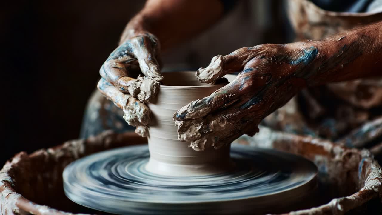 A Skillful Potter Shapes a Beautiful Ceramic Vessel on the Wheel, Capturing the Art of Pottery with Impressive Techniques and a Dedicated Craftsmanship in Each Movement