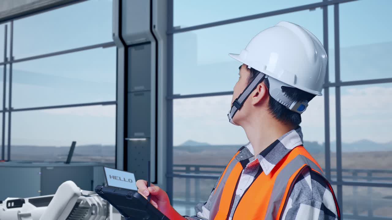 vista lateral de cerca de un ingeniero masculino asiático con casco de seguridad de pie en una fábrica de alta tecnología, analizando el concepto de la máquina robótica. tomando nota en la tableta y mirando a su alrededor