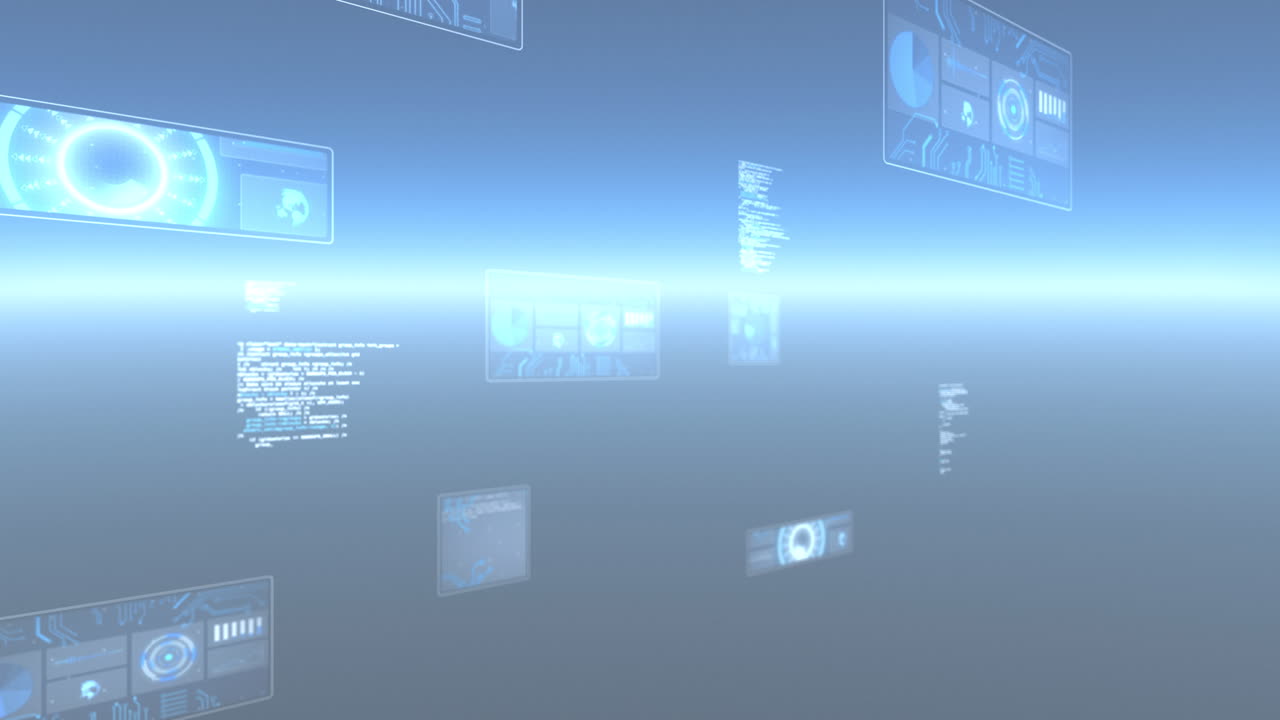 Animation of data processing and scopes scanning on screens over glowing blue background