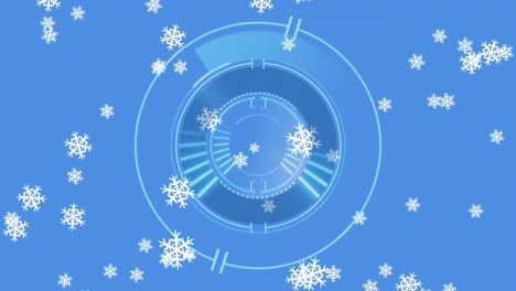 animation of snow falling over clock on blue background